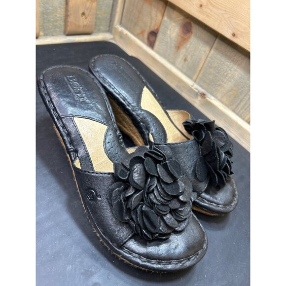Born Black Leather Wedge Sandals With Floral Detail & Espadrille Sole Size 8 - Picture 2 of 10